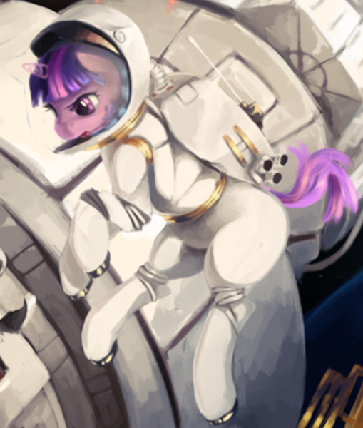 Size: 1114x1313 | Tagged: safe, artist:fruitbloodmilkshake, derpibooru import, twilight sparkle, pony, unicorn, astronaut, cropped, female, image, mare, png, solar panel, solo, space, space station, spacesuit, unicorn twilight, zero gravity