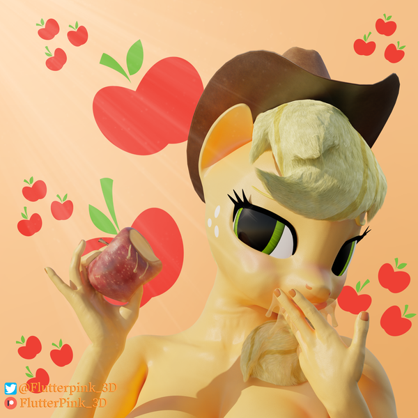 Size: 3840x3840 | Tagged: suggestive, artist:flutterpink_3d, derpibooru import, applejack, anthro, 3d, apple, applejack's hat, blushing, breasts, busty applejack, cowboy hat, cute, female, food, hat, image, looking at you, patreon, png, sexy, simple background, solo, solo female