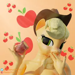 Size: 3840x3840 | Tagged: suggestive, artist:flutterpink_3d, derpibooru import, applejack, anthro, 3d, apple, applejack's hat, blushing, breasts, busty applejack, cowboy hat, cute, female, food, hat, image, looking at you, patreon, png, sexy, simple background, solo, solo female