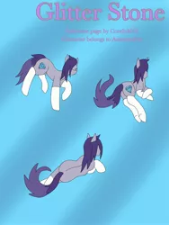 Size: 2250x3000 | Tagged: safe, artist:coreink02, derpibooru import, oc, oc:glitter stone, unofficial characters only, earth pony, pony, blue background, cutie mark, diamond, digital art, female, gray coat, image, jpeg, mare, multiple poses, pose, purple mane, simple background, sketch, white hooves