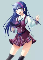 Size: 1600x2263 | Tagged: safe, artist:love2eategg, derpibooru import, twilight sparkle, equestria girls, anime, clothes, cute, female, human coloration, image, jpeg, looking at you, moe, necktie, one eye closed, open mouth, phone, pleated skirt, redraw, skirt, skirt lift, solo