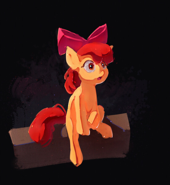 Size: 1658x1807 | Tagged: safe, artist:inkhooves, derpibooru import, apple bloom, earth pony, pony, black background, female, filly, foal, image, jpeg, log, simple background, sitting, solo