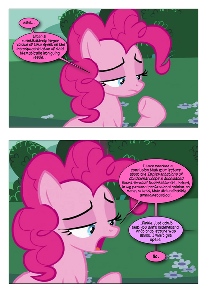 Size: 868x1230 | Tagged: safe, artist:dziadek1990, derpibooru import, edit, edited screencap, screencap, pinkie pie, twilight sparkle, earth pony, pony, baby cakes, comic, conversation, dialogue, image, implied twilight sparkle, misspelling, png, screencap comic, sesquipedalian loquaciousness, speech bubble, text