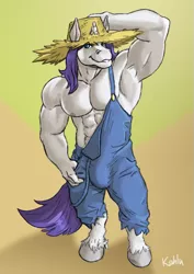 Size: 595x842 | Tagged: safe, artist:kahlu5, derpibooru import, rarity, anthro, pony, unguligrade anthro, unicorn, comic:that hard cider feeling, abs, armpits, buff, bulging, clothes, elusive, female to male, hat, himbo, himboification, hooves, image, male, male nipples, muscles, nipples, nudity, overalls, pecs, png, rarihick, rule 63, stallion, straw hat, transformation, transgender transformation