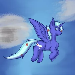 Size: 1058x1058 | Tagged: safe, artist:lil_vampirecj, derpibooru import, oc, unofficial characters only, alicorn, pony, cloud, flower, flower in hair, flying, full body, image, looking back, png, shading, sky, smiling, solo