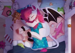 Size: 3182x2260 | Tagged: safe, artist:kaylemi, derpibooru import, oc, unofficial characters only, original species, bed, bedroom, body pillow, ear fluff, eyes closed, fangs, image, leonine tail, lying down, on bed, pillow, plushie, png, side, sleeping, solo, tail