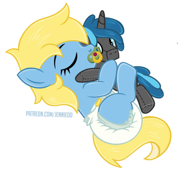 Size: 909x900 | Tagged: safe, artist:jennieoo, derpibooru import, oc, oc:cream, earth pony, original species, plush pony, pony, baby, baby pony, diaper, female, filly, foal, hug, image, pacifier, plushie, png, simple background, sleeping, solo, transparent background, vector