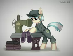 Size: 2048x1593 | Tagged: safe, alternate version, artist:vinilyart, derpibooru import, coco pommel, earth pony, pony, alternate timeline, clothes, frown, image, jpeg, overalls, sewing machine, solo