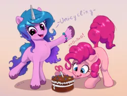 Size: 3431x2575 | Tagged: safe, artist:xbi, derpibooru import, izzy moonbow, pinkie pie, earth pony, pony, unicorn, cake, duo, eyes on the prize, female, food, g5, gradient background, image, mare, oooooh, pinkie being pinkie, png, scissors, smiling, tabun art-battle finished after, tongue out, uni-cycling