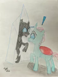 Size: 3024x4032 | Tagged: safe, artist:opti, derpibooru import, ocellus, changedling, changeling, atg 2022, crystal, female, image, jpeg, newbie artist training grounds, reflection, scared