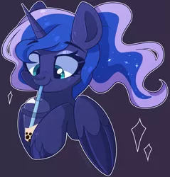 Size: 1581x1651 | Tagged: safe, artist:cinnamontee, derpibooru import, princess luna, alicorn, pony, alternate hairstyle, bubble tea, bust, cute, drinking, female, hoof hold, image, lunabetes, mare, png, ponytail, solo, straw, unshorn fetlocks