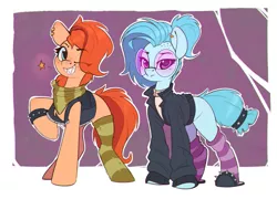 Size: 1619x1166 | Tagged: safe, artist:rexyseven, derpibooru import, oc, oc:rusty gears, oc:whispy slippers, unofficial characters only, earth pony, pony, alternate hairstyle, bandana, clothes, duo, ear piercing, earring, eye clipping through hair, female, freckles, glasses, image, jacket, jewelry, lidded eyes, looking at you, mare, one eye closed, piercing, png, pointing at you, punk, raised hoof, sharp teeth, slippers, socks, striped socks, teeth, wink, winking at you