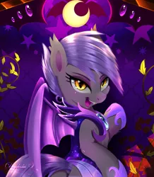 Size: 1714x1963 | Tagged: safe, alternate version, artist:darksly, derpibooru import, oc, oc:midnight blossom, unofficial characters only, bat pony, pony, armor, bat pony oc, bat wings, bedroom eyes, body pillow, body pillow design, commission, cute, eyeshadow, fangs, female, hoof shoes, image, jpeg, makeup, mare, solo, wings