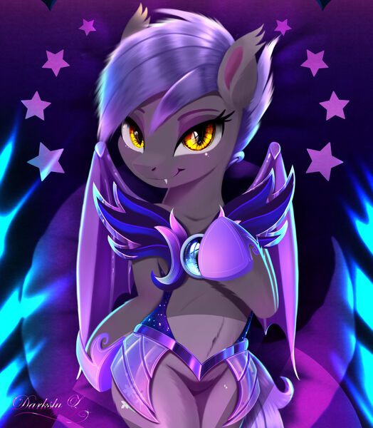 Size: 1772x2029 | Tagged: safe, alternate version, artist:darksly, derpibooru import, oc, oc:midnight blossom, unofficial characters only, bat pony, pony, armor, bat pony oc, bat wings, bedroom eyes, belly button, body pillow, body pillow design, commission, cute, eyeshadow, fangs, female, hoof shoes, image, jpeg, makeup, mare, solo, wings