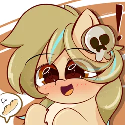 Size: 1500x1500 | Tagged: safe, artist:grithcourage, derpibooru import, oc, oc:grith courage, earth pony, pony, adorable face, blushing, chest fluff, cute, excited, female, happy, image, photo, png, simple background, skull, skullgirls, solo, solo female