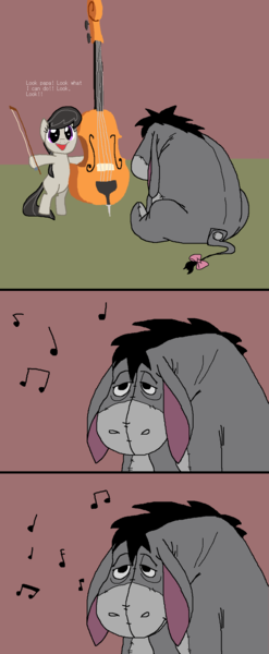 Size: 964x2345 | Tagged: safe, artist:anonymous, artist:pantsuholocaust, derpibooru import, octavia melody, donkey, earth pony, pony, /mlp/, bipedal, bow (instrument), cello, cello bow, comic, crossover, eeyore, female, filly, filly octavia, foal, happy, hoof hold, image, male, music notes, musical instrument, png, smiling, winnie the pooh, younger