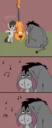 Size: 964x2345 | Tagged: safe, artist:anonymous, artist:pantsuholocaust, derpibooru import, octavia melody, donkey, earth pony, pony, /mlp/, bipedal, bow (instrument), cello, cello bow, comic, crossover, eeyore, female, filly, filly octavia, foal, happy, hoof hold, image, male, music notes, musical instrument, png, smiling, winnie the pooh, younger