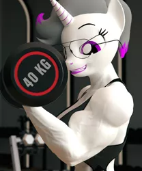 Size: 3000x3600 | Tagged: safe, artist:dashie116, derpibooru import, oc, oc:hazel radiate, unofficial characters only, anthro, pony, unicorn, anthro oc, biceps, commission, commissioner:biohazard, eyebrows, eyelashes, female, fetish, glasses, gym, high res, highlights, horn, image, mare, muscle fetish, muscles, png, ponytail, purple eyes, smiling, solo, triceps, unicorn oc, vein, weight lifting, weights, ych result
