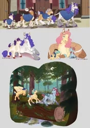 Size: 1757x2494 | Tagged: safe, artist:tofuthebunbun, derpibooru import, fluttershy, oc, oc:iris, oc:juniper, oc:rome beauty, oc:spring song, oc:summer winds, oc:sweet blossom, classical unicorn, earth pony, pegasus, pony, unicorn, cape, clothes, cloven hooves, colt, female, filly, fluttermom, foal, forest, hug, image, jpeg, leonine tail, log, magical lesbian spawn, male, manehattan, mare, mother and child, mother and daughter, mother and son, offspring, parent:applejack, parent:fluttershy, parent:rainbow dash, parent:rarity, parents:flutterdash, parents:rarijack, siblings, tree, unshorn fetlocks, wing blanket, winghug, wings