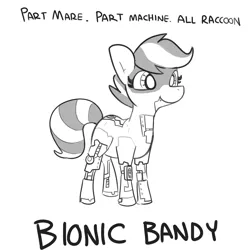 Size: 2250x2250 | Tagged: safe, artist:tjpones, derpibooru import, oc, oc:bandy cyoot, unofficial characters only, hybrid, pony, raccoon, raccoon pony, robot, robot pony, black and white, female, grayscale, image, mare, monochrome, png, simple background, smiling, solo, text, white background
