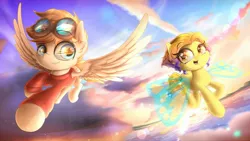 Size: 2000x1124 | Tagged: safe, artist:phoenixrk49, derpibooru import, oc, unofficial characters only, pegasus, pony, clothes, cloud, duo, ear fluff, eye clipping through hair, eye reflection, flying, goggles, image, jpeg, looking at each other, looking at someone, open mouth, reflection, sky, wings