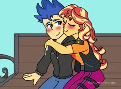 Size: 950x700 | Tagged: safe, artist:theanimatingfanatic, derpibooru import, flash sentry, sunset shimmer, equestria girls, blushing, female, flashimmer, image, kiss on the cheek, kissing, male, png, shipping, straight