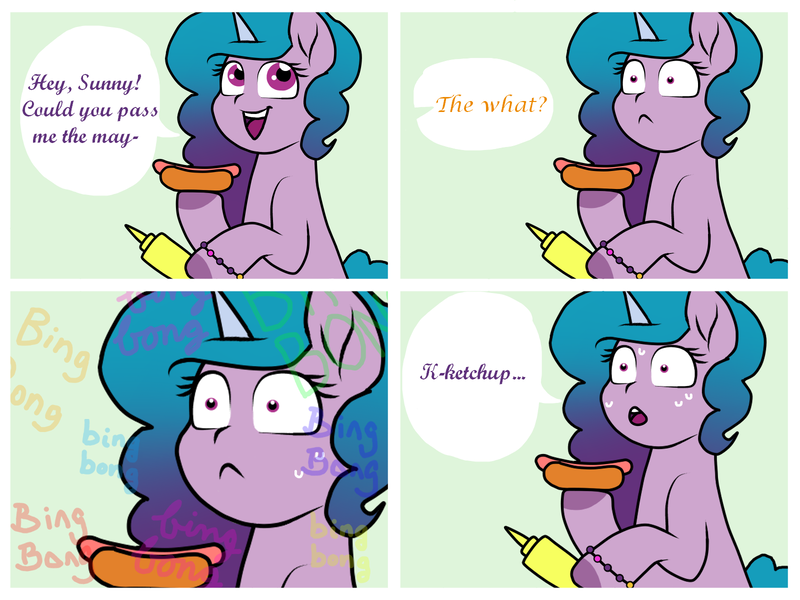 Size: 1600x1200 | Tagged: safe, artist:horsesrnaked, derpibooru import, izzy moonbow, pony, unicorn, bing bong, bracelet, comic, curly hair, curly mane, curly tail, dialogue, dialogue box, female, food, g5, glizzy, hooves, hot dog, hot dog and bun, hot dog bun, image, implied flashback, implied mayonnaise, implied sunny starscout, jewelry, meat, mustard, offscreen character, offscreen female, png, sauce, sausage, smiling, solo, speech, speech bubble, sweat, tail, talking, wide eyes