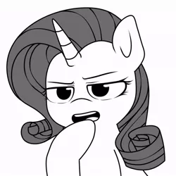 Size: 797x797 | Tagged: safe, artist:makaryo, derpibooru import, rarity, pony, unicorn, bust, female, furrowed brow, grayscale, hoof on chin, image, jpeg, mare, monochrome, simple background, solo, white background