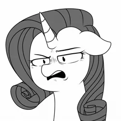 Size: 1080x1080 | Tagged: safe, artist:makaryo, derpibooru import, rarity, pony, unicorn, bust, disgusted, female, floppy ears, frown, grayscale, image, jpeg, mare, monochrome, narrowed eyes, open mouth, simple background, solo, white background