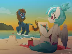 Size: 1600x1200 | Tagged: safe, artist:willoillo, derpibooru import, oc, unofficial characters only, kirin, pegasus, pony, beach, clothes, commission, image, png, sitting, sunset, swimsuit