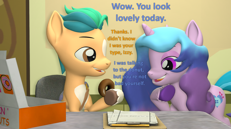 Size: 1920x1080 | Tagged: safe, artist:red4567, derpibooru import, hitch trailblazer, izzy moonbow, earth pony, pony, unicorn, 3d, atg 2022, desk, donut, female, flirting, food, g5, image, implied izzyhitch, implied shipping, implied straight, male, mare, newbie artist training grounds, png, source filmmaker, stallion