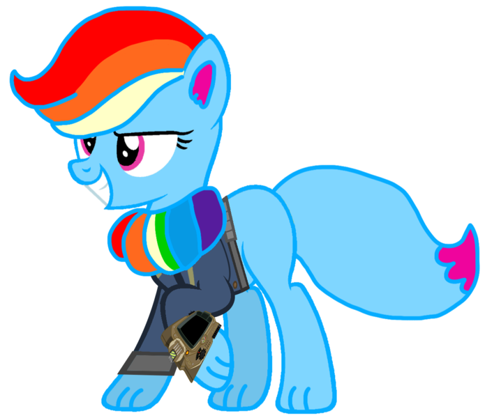 Size: 1210x1045 | Tagged: safe, artist:ponygamer2020, derpibooru import, oc, oc:rainbow eevee, unofficial characters only, eevee, fallout equestria, absurd resolution, blue body, bracelet, chest fluff, clothes, cute, daaaaaaaaaaaw, eevee pony, fallout, female, horn, image, jewelry, jumpsuit, looking down, multicolored hair, pink eyes, pipboy, png, pokémon, rainbow, rainbow hair, simple background, smiling, solo, tail, transparent background, vault suit, vector