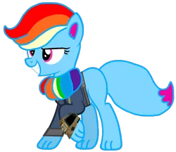 Size: 1210x1045 | Tagged: safe, artist:ponygamer2020, derpibooru import, oc, oc:rainbow eevee, unofficial characters only, eevee, fallout equestria, absurd resolution, blue body, bracelet, chest fluff, clothes, cute, daaaaaaaaaaaw, eevee pony, fallout, female, horn, image, jewelry, jumpsuit, looking down, multicolored hair, pink eyes, pipboy, png, pokémon, rainbow, rainbow hair, simple background, smiling, solo, tail, transparent background, vault suit, vector