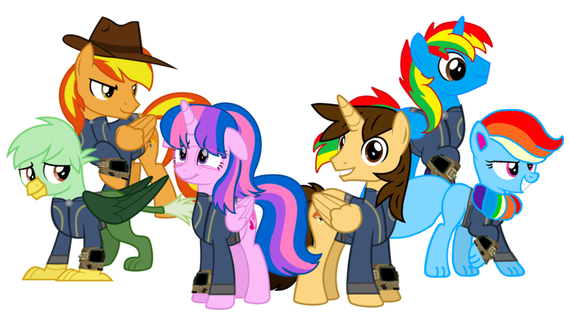 Size: 5459x3008 | Tagged: safe, artist:ponygamer2020, derpibooru import, oc, oc:ej, oc:firey ratchet, oc:gregory griffin, oc:hsu amity, oc:rainbow eevee, oc:shield wing, unofficial characters only, alicorn, eevee, gryphon, pegasus, pony, fallout equestria, all bottled up, :t, absurd resolution, alicorn oc, amityverse, blue body, bracelet, chest fluff, clothes, cute, cutie mark, daaaaaaaaaaaw, eevee pony, fallout, female, floppy ears, folded wings, full body, glasses, griffon oc, group, happy, hat, horn, image, jewelry, jumpsuit, looking at you, looking down, male, mare, multicolored hair, multicolored mane, multicolored tail, not twilight sparkle, pink eyes, pipboy, png, pokémon, ponytail, purple eyes, rainbow, rainbow hair, show accurate, simple background, smiling, smiling at you, solo, stallion, standing, tail, transparent background, vault suit, vector, wings