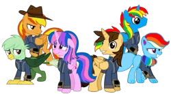 Size: 5459x3008 | Tagged: safe, artist:ponygamer2020, derpibooru import, oc, oc:ej, oc:firey ratchet, oc:gregory griffin, oc:hsu amity, oc:rainbow eevee, oc:shield wing, unofficial characters only, alicorn, eevee, gryphon, pegasus, pony, fallout equestria, all bottled up, :t, absurd resolution, alicorn oc, amityverse, blue body, bracelet, chest fluff, clothes, cute, cutie mark, daaaaaaaaaaaw, eevee pony, fallout, female, floppy ears, folded wings, full body, glasses, griffon oc, group, happy, hat, horn, image, jewelry, jumpsuit, looking at you, looking down, male, mare, multicolored hair, multicolored mane, multicolored tail, not twilight sparkle, pink eyes, pipboy, png, pokémon, ponytail, purple eyes, rainbow, rainbow hair, show accurate, simple background, smiling, smiling at you, solo, stallion, standing, tail, transparent background, vault suit, vector, wings