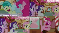 Size: 1280x720 | Tagged: safe, derpibooru import, edit, edited screencap, editor:quoterific, screencap, fluttershy, pinkie pie, rarity, sandbar, starlight glimmer, earth pony, pegasus, pony, unicorn, school daze, season 8, spoiler:s08, bipedal, cupcake, female, floppy ears, food, image, male, mare, nose in the air, open mouth, open smile, png, shrunken pupils, smiling, stallion, sugarcube corner, text, volumetric mouth