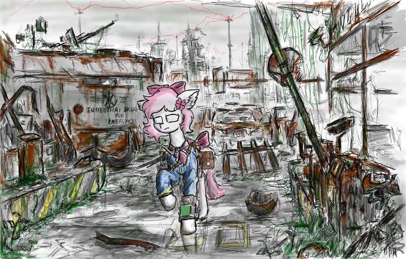 Size: 1600x1024 | Tagged: safe, derpibooru import, oc, oc:bubble cloud, fallout equestria, city, gun, image, jpeg, machine gun, ruins, vehicle, weapon