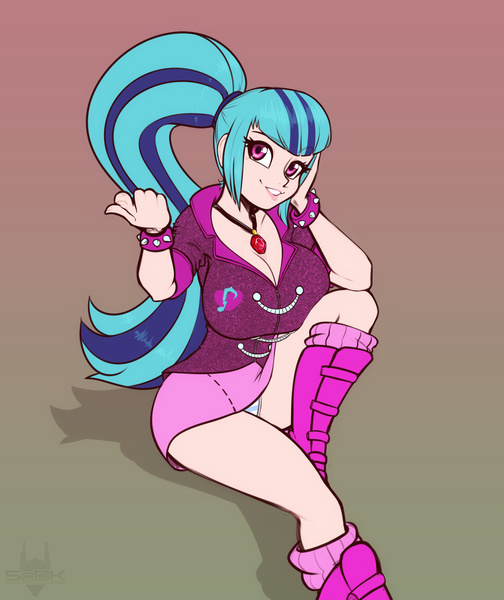 Size: 3180x3784 | Tagged: safe, artist:scorpdk, sonata dusk, human, boots, breasts, busty sonata dusk, cleavage, clothes, humanized, image, jewelry, jpeg, looking at you, necklace, panties, panty shot, ponytail, shoes, smiling, smiling at you, solo, underwear