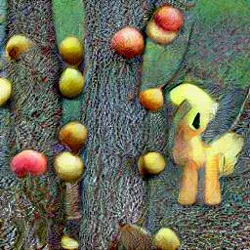 Size: 256x256 | Tagged: safe, dall·e mini, derpibooru import, machine learning generated, applejack mid tree-buck with 3 apples falling down, image, jpeg