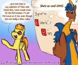 Size: 1200x1000 | Tagged: safe, artist:hiddelgreyk, derpibooru import, spitfire, oc, pegasus, pony, bionicle, brown coat, dialogue, dilated pupils, female, image, lego, looking at someone, male, mare, png, pointing, signature, simple background, speech bubble, spitfire's bionicles, stallion, starry eyes, text, wingding eyes, 🅱