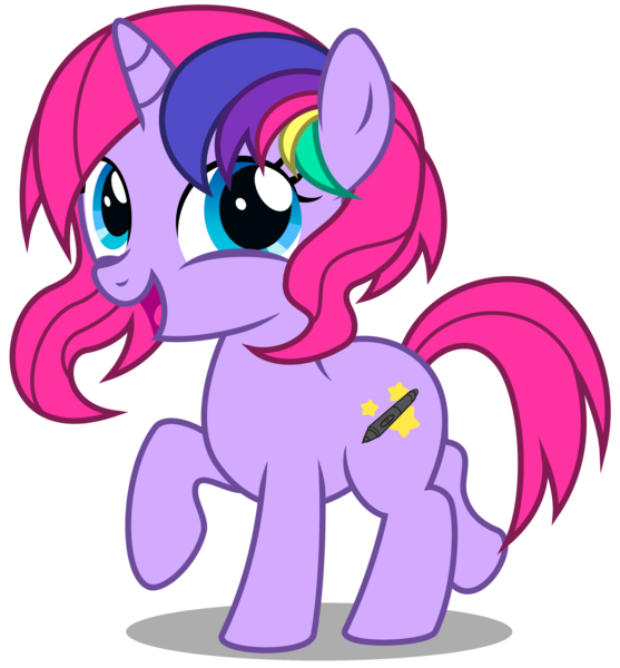 Size: 3090x3330 | Tagged: safe, artist:strategypony, derpibooru import, oc, oc:techy twinkle, unofficial characters only, pony, unicorn, cute, female, filly, foal, horn, image, looking back, multicolored mane, ocbetes, png, raised hoof, simple background, transparent background, unicorn oc, walking, younger