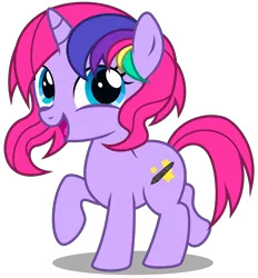 Size: 3090x3330 | Tagged: safe, artist:strategypony, derpibooru import, oc, oc:techy twinkle, unofficial characters only, pony, unicorn, cute, female, filly, foal, horn, image, looking back, multicolored mane, ocbetes, png, raised hoof, simple background, transparent background, unicorn oc, walking, younger