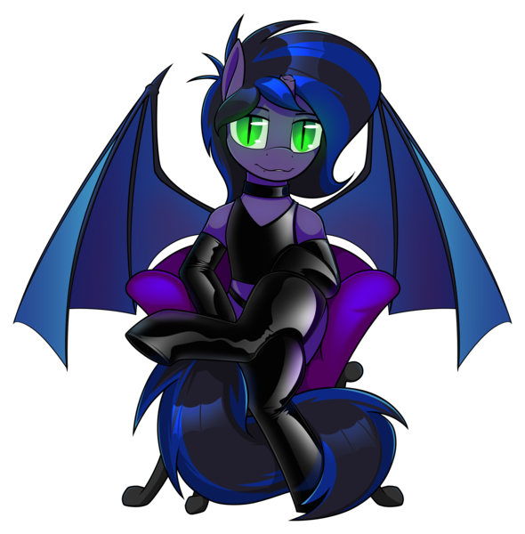Size: 4048x4118 | Tagged: questionable, artist:dacaoo, derpibooru import, oc, oc:kuro, unofficial characters only, bat pony, bat pony oc, bat wings, broken horn, chair, commission, horn, image, latex, latex suit, png, solo, wings