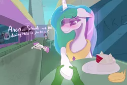 Size: 3000x2000 | Tagged: safe, artist:enonnnymous, derpibooru import, princess celestia, oc, oc:anon, /sun/, cake, camera, canterlot, dialogue, exhibitionism, fainted, food, holding hooves, hoof hold, image, png, public