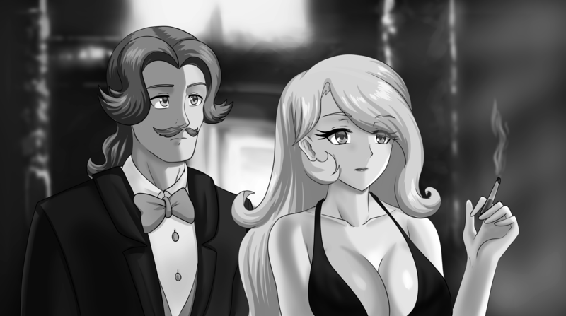 Size: 3664x2048 | Tagged: suggestive, alternate version, artist:thebrokencog, derpibooru import, fancypants, fleur-de-lis, human, breasts, busty fleur-de-lis, cigarette, cleavage, commission, duo, facial hair, female, humanized, image, male, monochrome, moustache, png