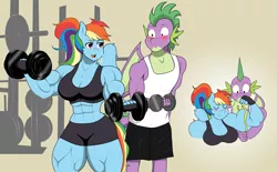 Size: 3852x2382 | Tagged: safe, artist:matchstickman, derpibooru import, rainbow dash, spike, anthro, dragon, pegasus, pony, abs, armpits, art trade, biceps, blushing, breasts, busty rainbow dash, clothes, deltoids, dumbbell (object), duo, female, flexing muscles, gradient background, gym, high res, image, male, mare, muscles, muscular female, pecs, png, rainbuff dash, shorts, sports bra, sweat, thighs, thunder thighs, weight lifting, weights, workout