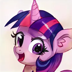 Size: 1024x1024 | Tagged: safe, artist:thisponydoesnotexist, derpibooru import, machine learning generated, pony, unicorn, accidentally a canon character, artificial intelligence, cute, female, image, jpeg, neural network, not twilight sparkle, open mouth, purple coat, purple eyes, purple mane, smiling, solo