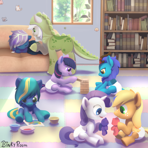 Size: 1280x1280 | Tagged: safe, artist:binkyroom, derpibooru import, applejack, baby applejack, rarity, twilight sparkle, oc, kirin, pony, animal costume, baby rarity, baby twilight, bookshelf, caretaker, clothes, costume, diaper, dinosaur costume, foal, group, image, kirin oc, nursery, playing, png, sleeping, toy