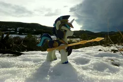 Size: 4608x3072 | Tagged: safe, artist:dingopatagonico, derpibooru import, shining armor, pony, armor, guardians of harmony, image, irl, jpeg, photo, snow, solo, spear, toy, weapon