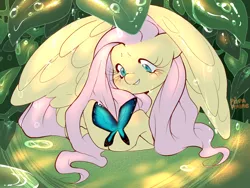 Size: 2000x1500 | Tagged: safe, artist:pupaprimeedition, derpibooru import, fluttershy, butterfly, insect, pegasus, pony, blushing, cute, female, image, mare, png, shyabetes, solo